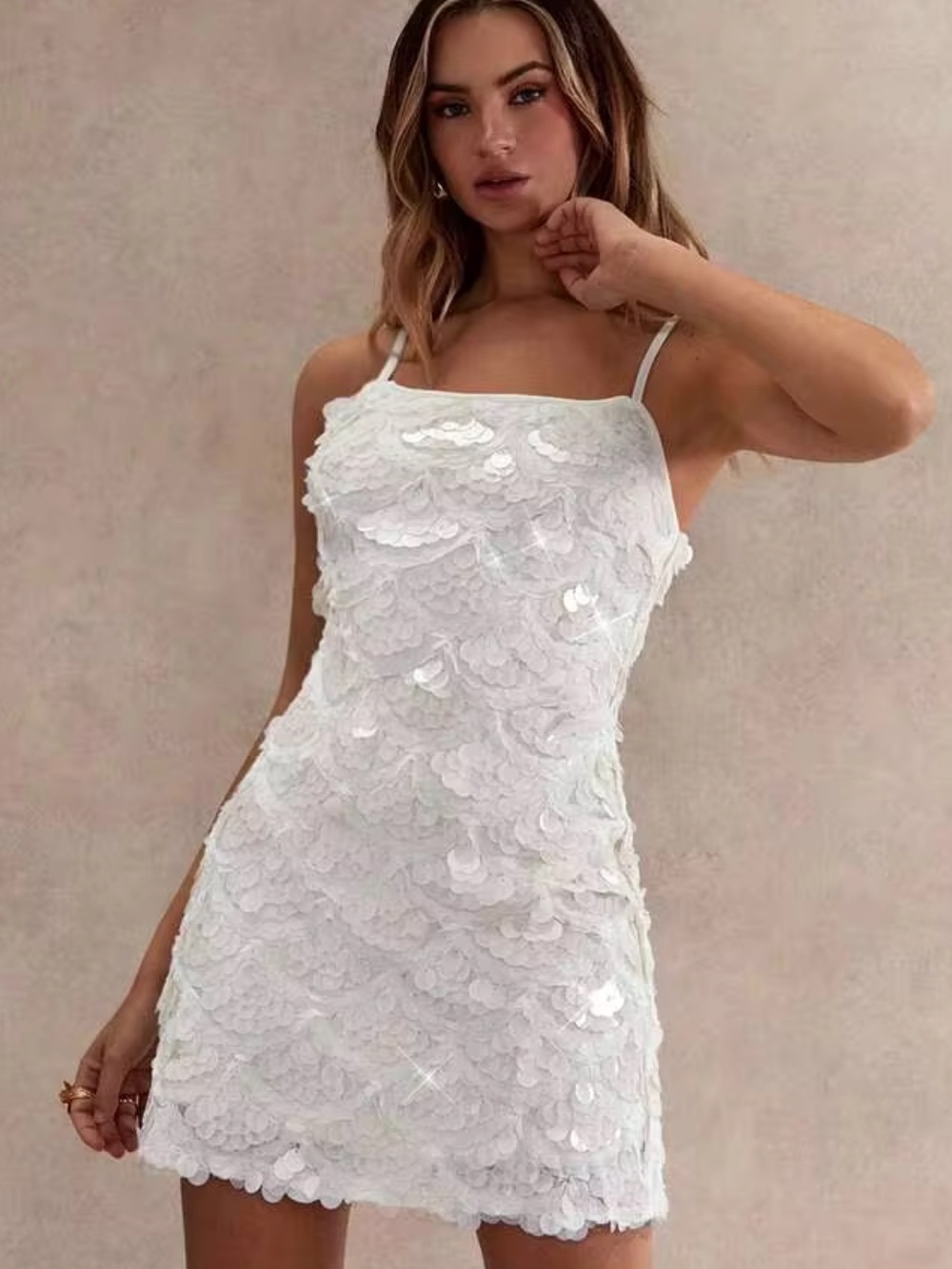 SHEIN White Sequin Scallop Mini Dress with Spaghetti Straps